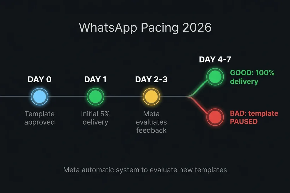 WhatsApp pacing timeline: new template delivers 5%, evaluates feedback, and continues to 100% or pauses based on result