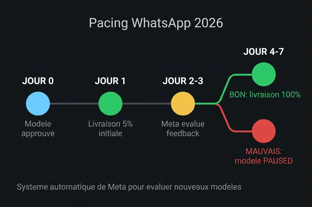Timeline du pacing WhatsApp : nouveau modèle livre 5 %, évalue le feedback et continue à 100 % ou pause selon résultat