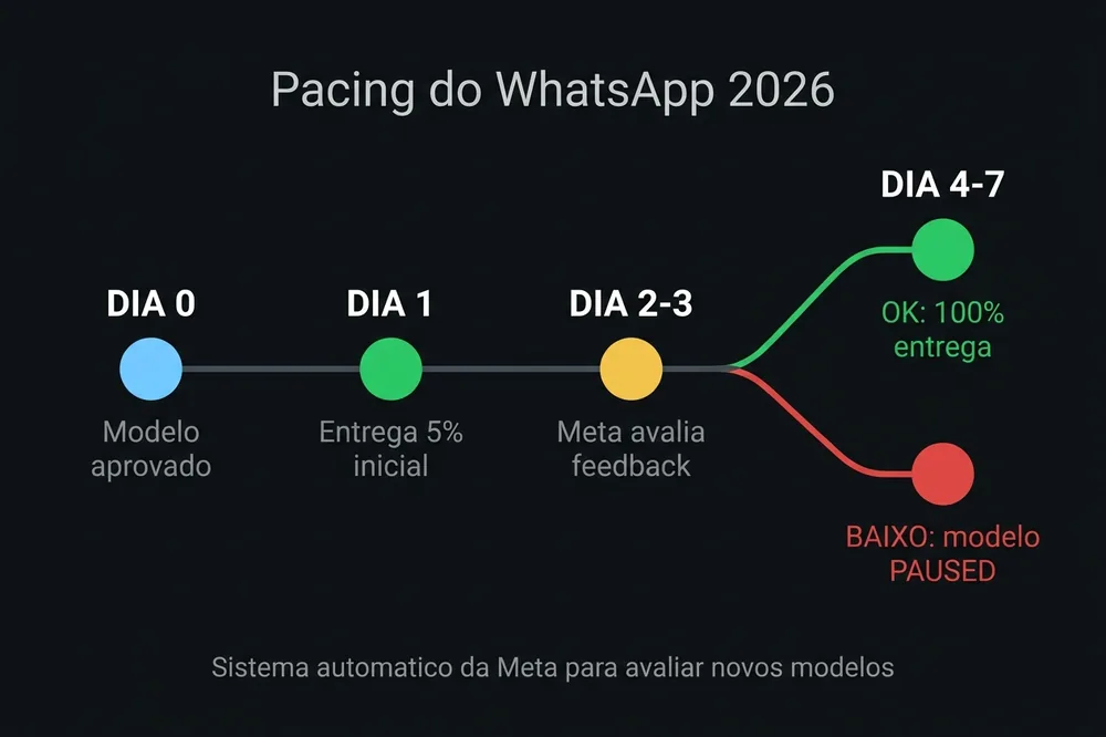 Timeline do pacing do WhatsApp: template novo entrega 5%, avalia feedback e continua a 100% ou pausa segundo resultado