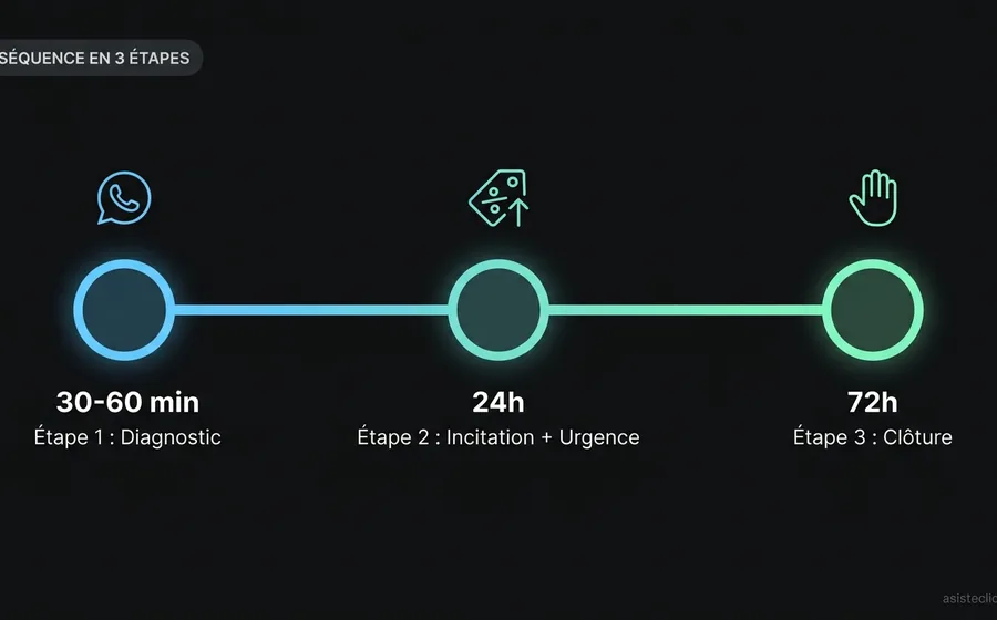 Séquence de 3 étapes pour récupérer les paniers abandonnés via WhatsApp : minute 30-60 message diagnostic, heure 24 message avec incitation, heure 72 message de clôture