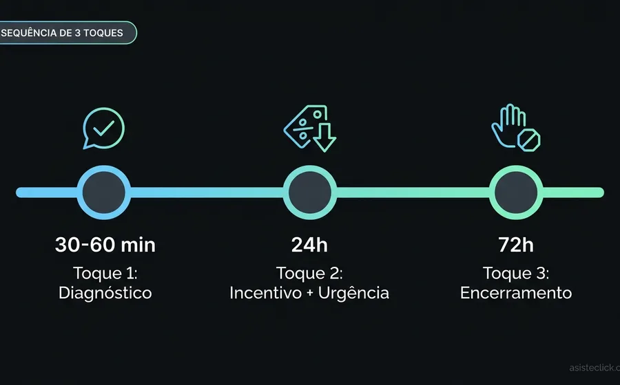 Sequência de 3 toques para recuperar carrinhos abandonados via WhatsApp: minuto 30-60 mensagem diagnóstico, hora 24 mensagem com incentivo, hora 72 mensagem de encerramento