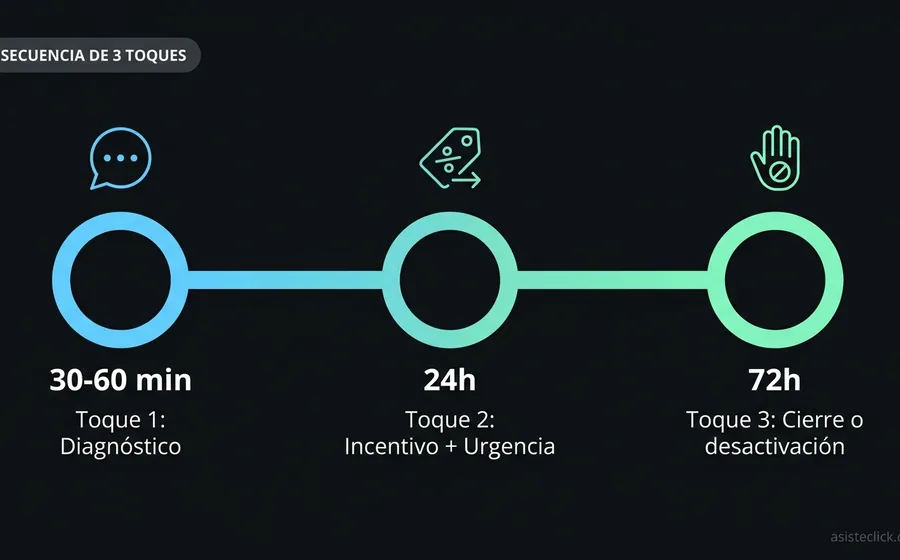 Secuencia de 3 toques para recuperar carritos abandonados por WhatsApp: minuto 30-60 mensaje diagnóstico, hora 24 mensaje con incentivo, hora 72 mensaje de cierre