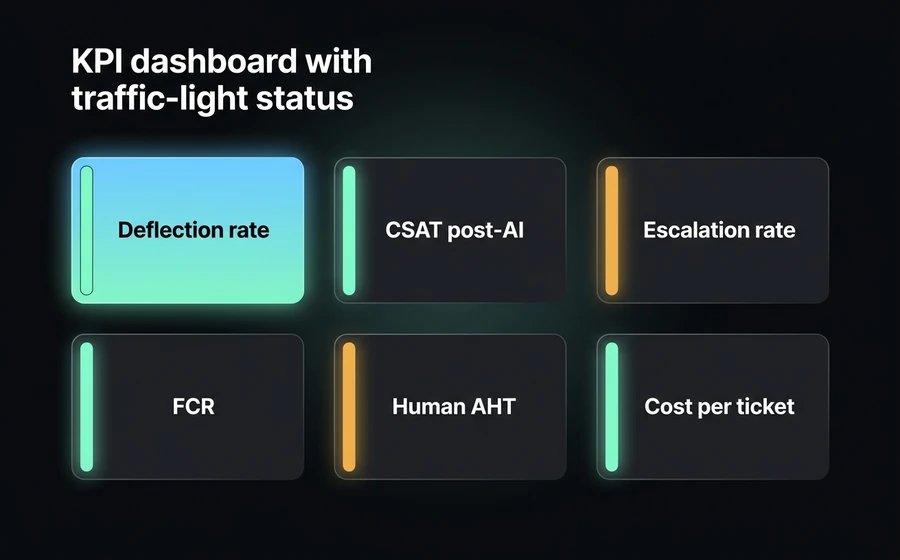 SaaS support KPI dashboard: deflection rate, post-AI CSAT, escalation rate, FCR, human AHT, and cost per ticket, with green and amber traffic light status