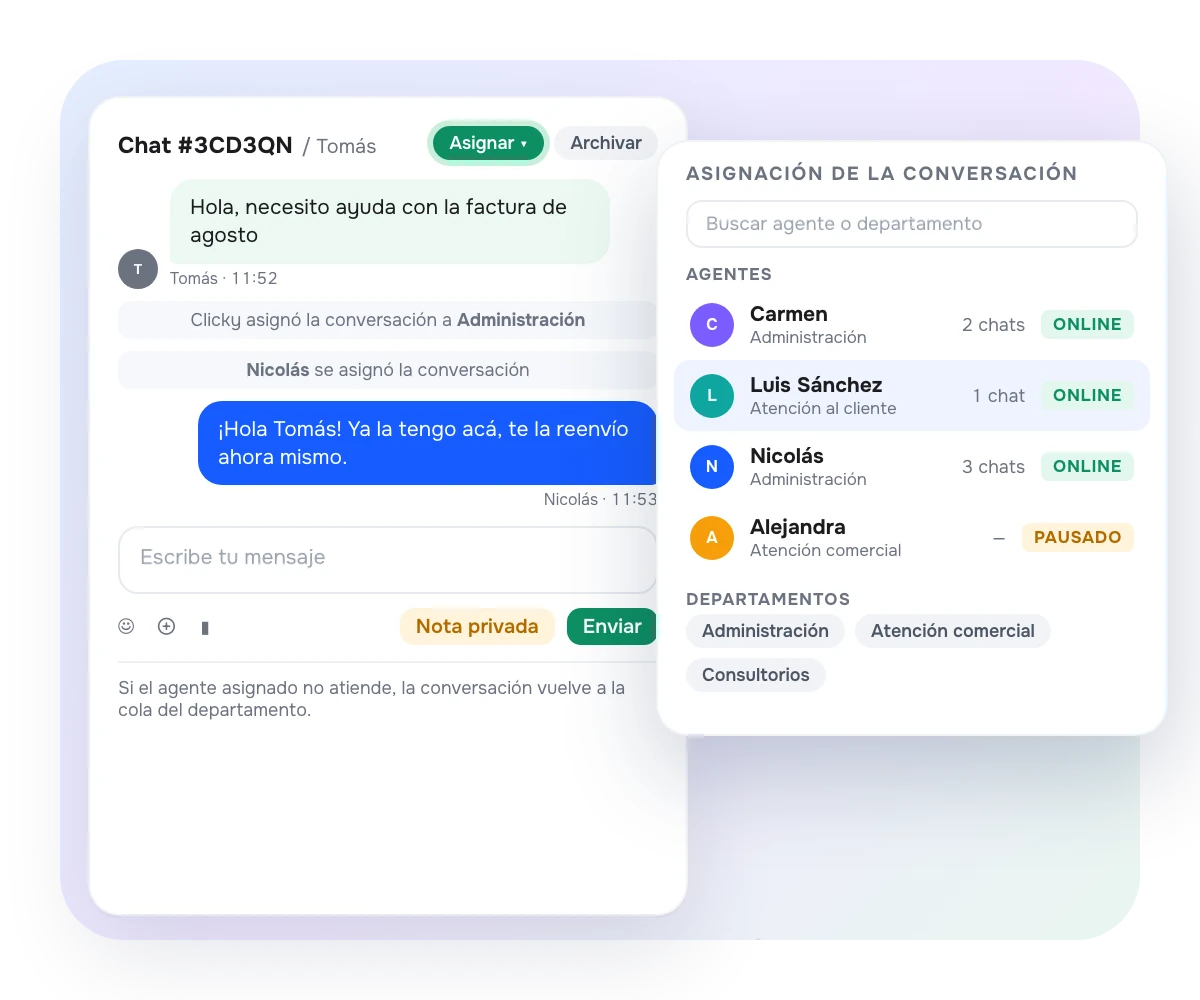 Asignación de una conversación en AsisteChat a un agente o departamento, con su carga actual