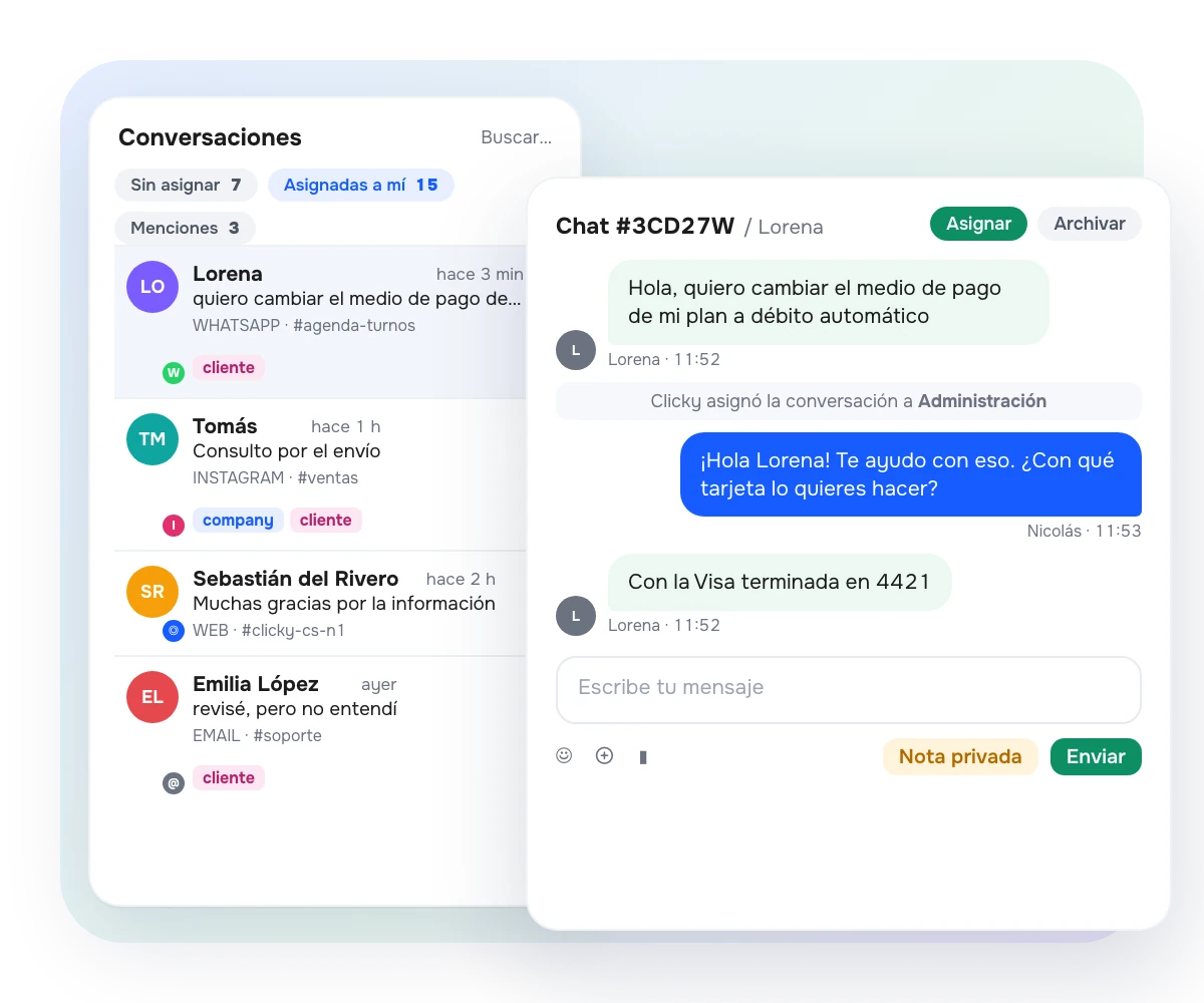 Bandeja de AsisteChat: conversaciones de WhatsApp, Instagram, web y email con un chat abierto y asignado