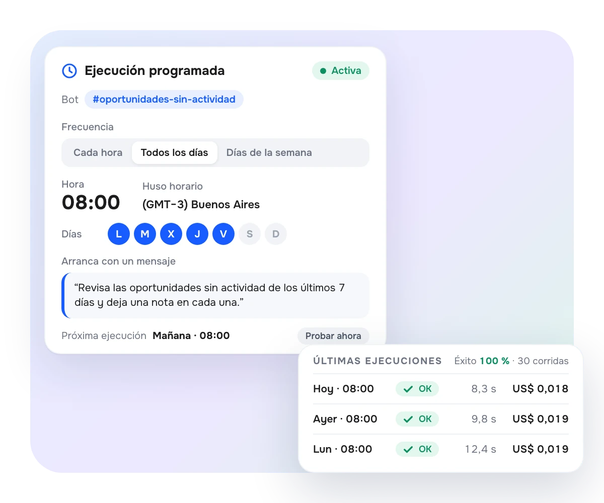 Programación de un bot en AsisteClick: ejecución automática cada día a las 08:00 y su historial de corridas