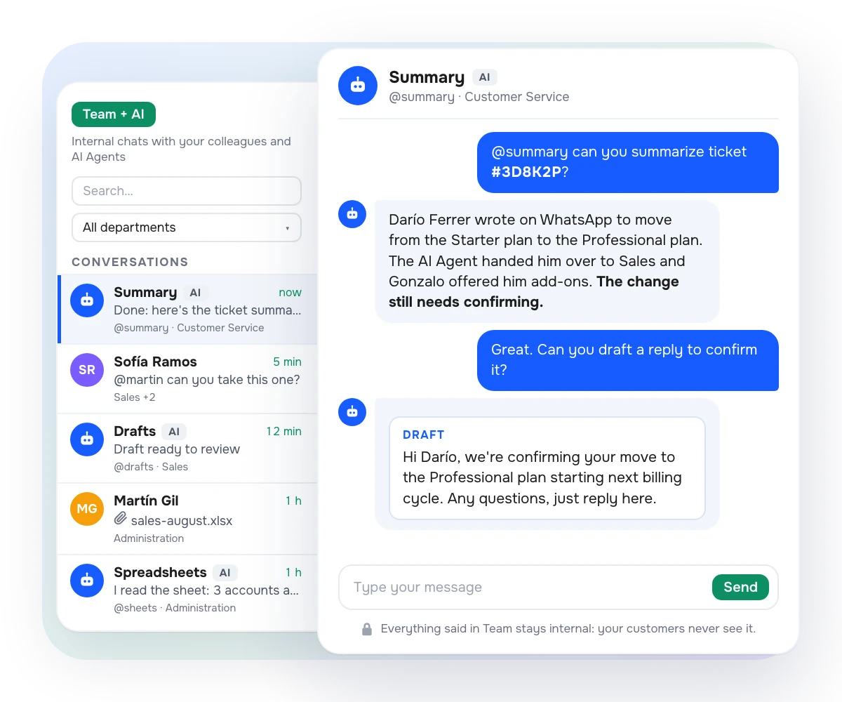 Team + AI in AsisteClick: a teammate asks the @summary copilot to summarize ticket #3D8K2P and draft a reply, inside the team's internal chat