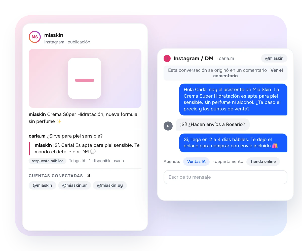 Instagram con IA en AsisteClick: comentario en una publicación respondido en público y continuado por DM, con varias cuentas conectadas