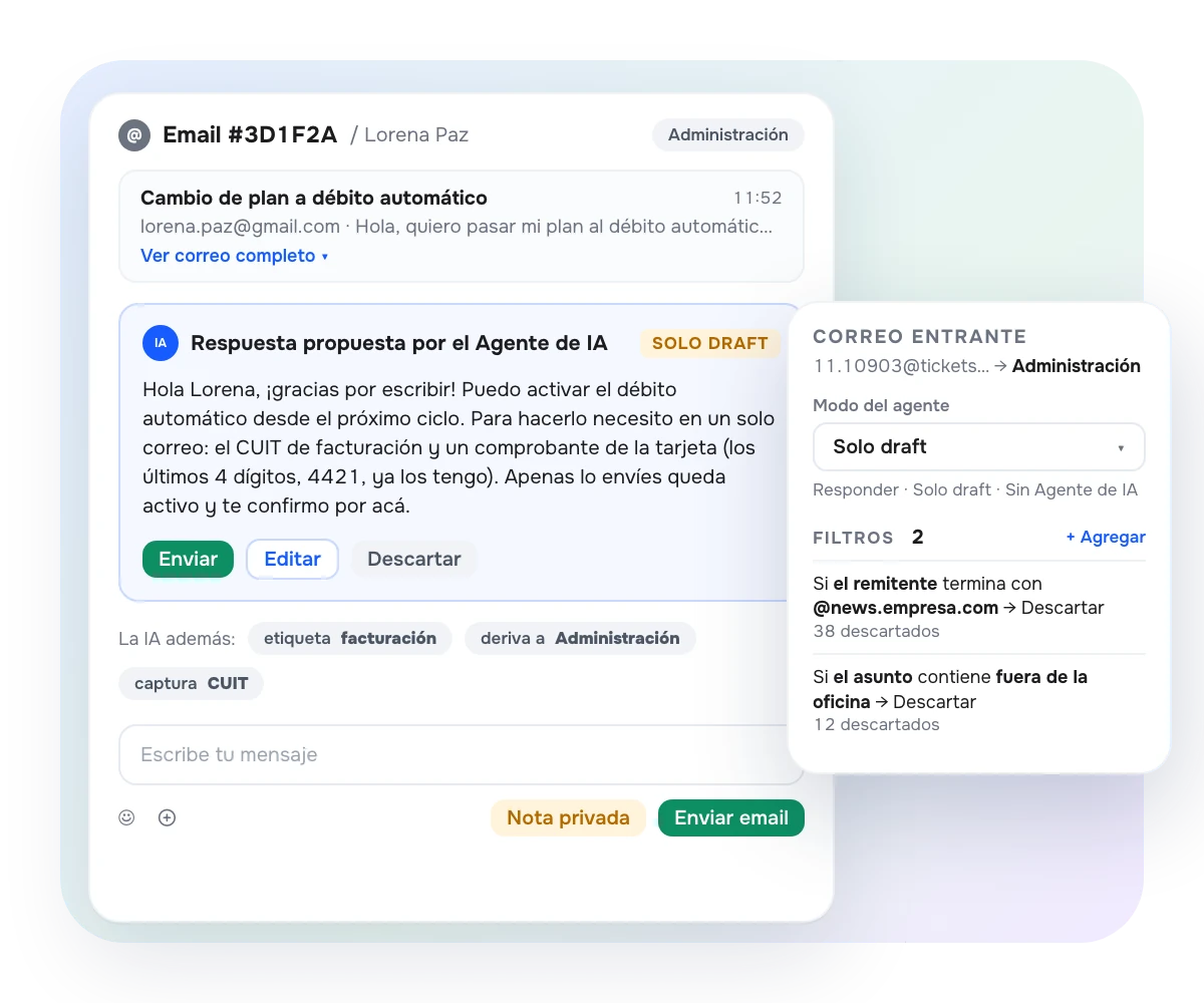 Agente de IA para email en AsisteClick: correo del cliente, respuesta propuesta en modo Solo draft con Enviar, Editar o Descartar, y filtros de correo entrante