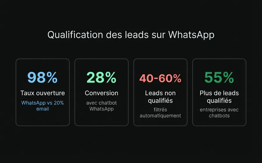 WhatsApp pour les ventes : 98% de taux d'ouverture, 28% de conversion avec chatbot, 40-60% de leads non qualifiés filtrés, 55% des entreprises rapportent plus de leads qualifiés