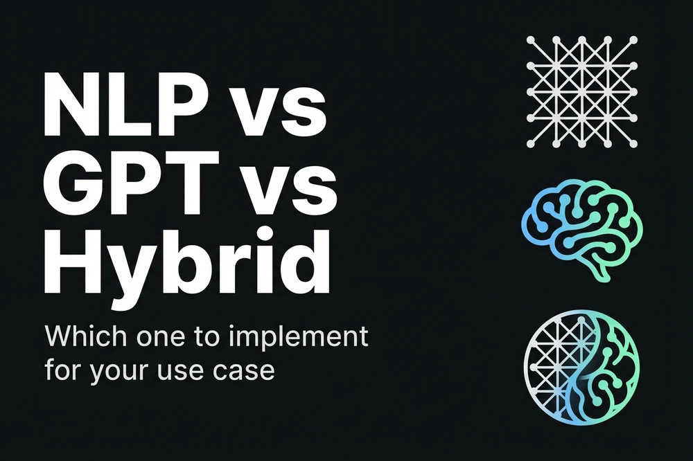 Comparative diagram between NLP, GPT, and hybrid chatbots for customer service