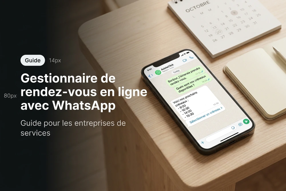 Gestionnaire de rendez-vous en ligne avec WhatsApp affichant l'agenda, les rappels automatiques et la confirmation instantanée