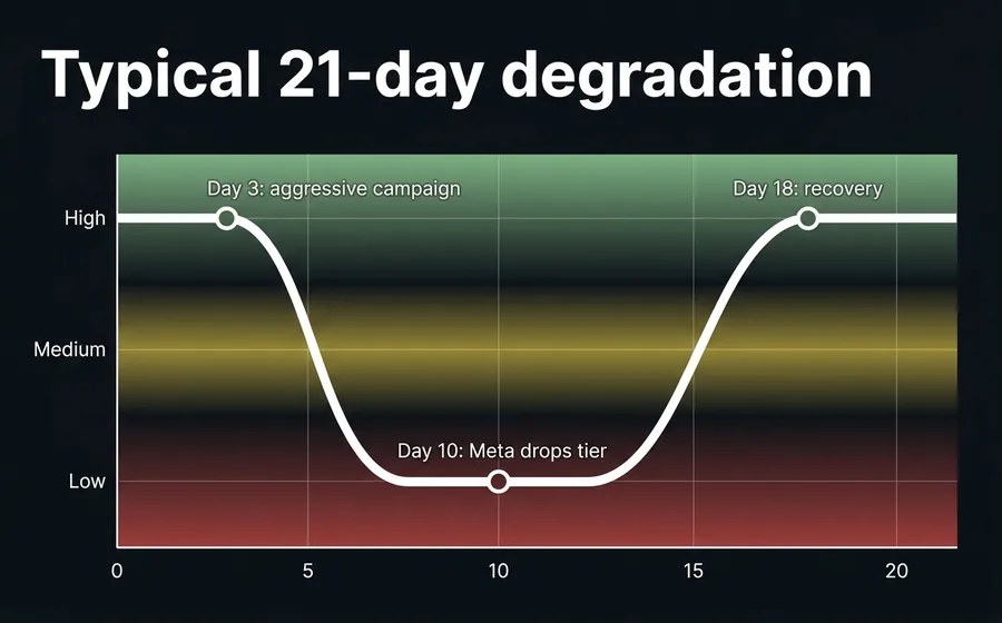 21-day timeline showing Quality Rating degradation from High to Low and subsequent recovery