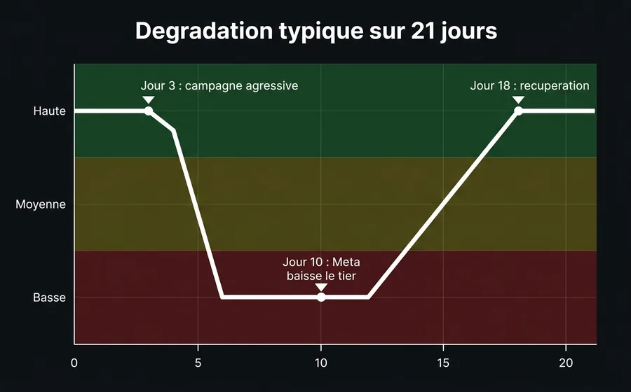Timeline de 21 jours montrant la dégradation du Quality Rating de High à Low et la récupération postérieure