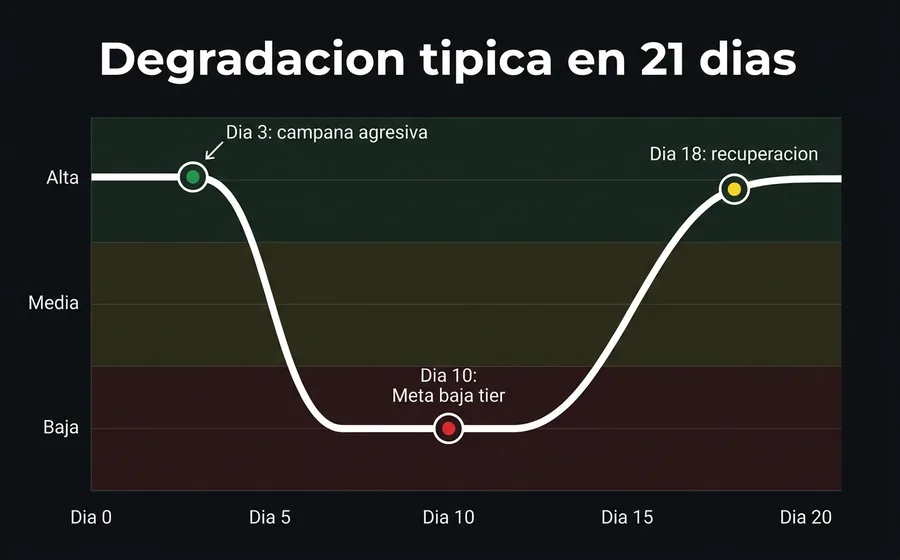 Timeline de 21 días mostrando degradación de Quality Rating desde High hasta Low y recuperación posterior